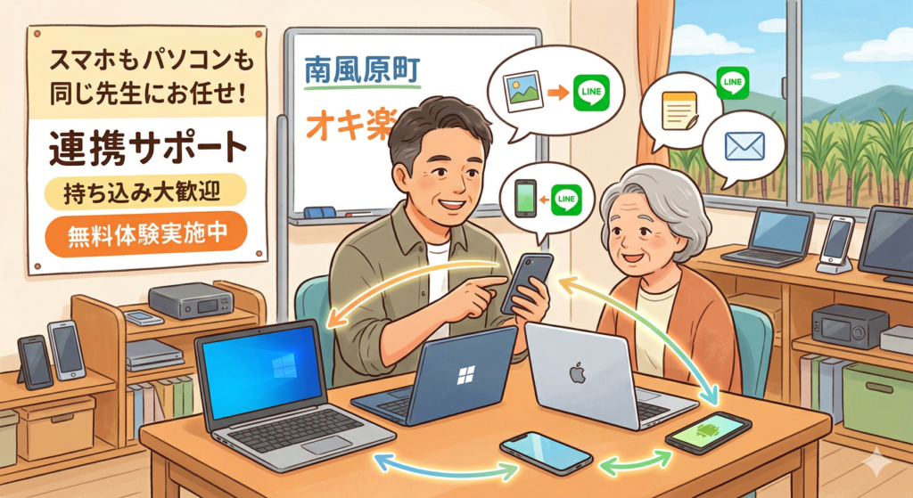 スマホもパソコンも同じ先生に教われる教室が、南風原にあります